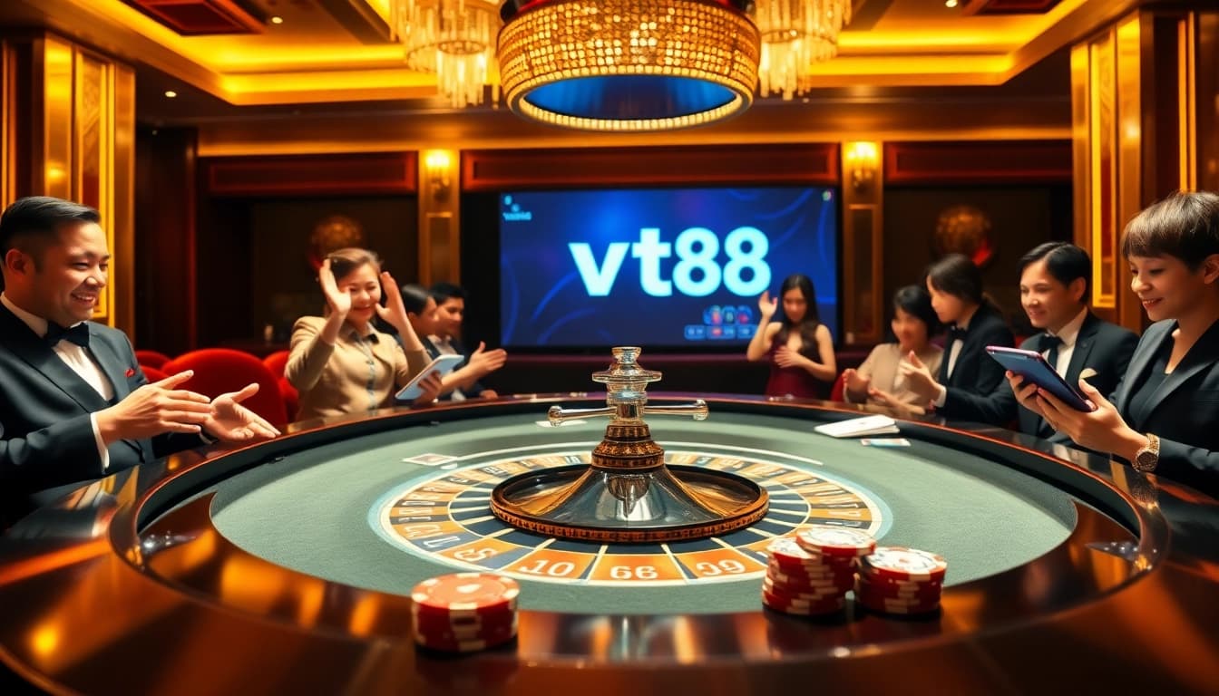Experience vt88's thrilling casino environment filled with poker chips and a dynamic roulette table.