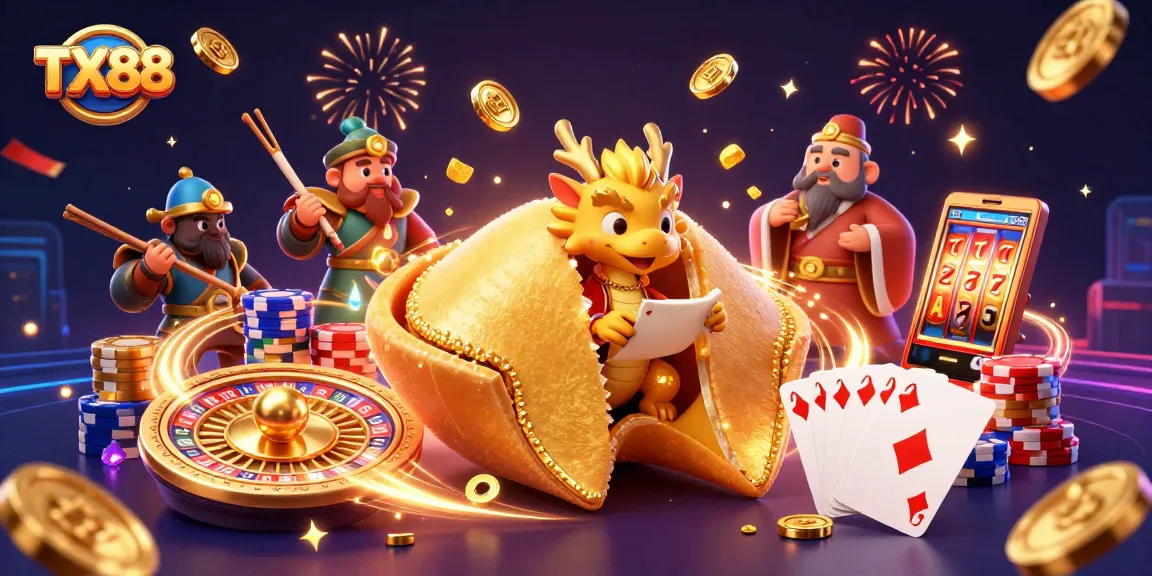 Win big at TX88 with a vibrant 3D illustration of fortune cookies and gold coins cascading across the scene.
