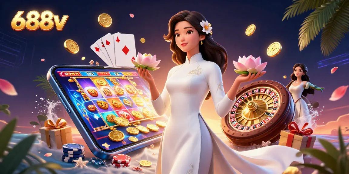 Experience the thrill of 688v with dynamic slot games, golden coins, and classic cards in a vibrant casino scene.