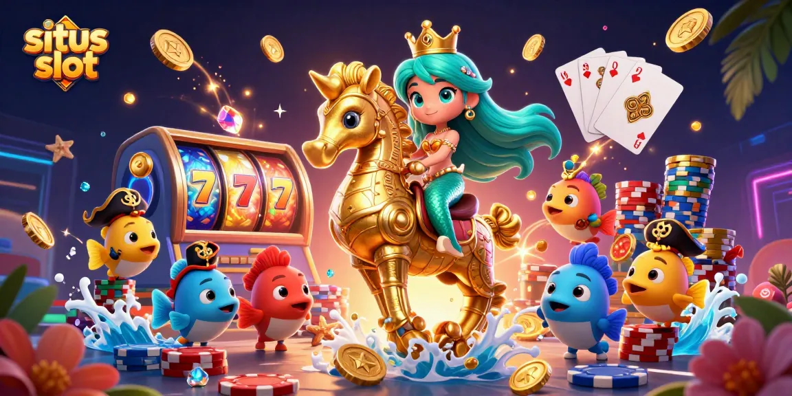 Menggoda pemain di situs slot dengan ilustrasi ratu duyung kartun dan permainan slot yang menakjubkan, penuh warna dan keberuntungan.
