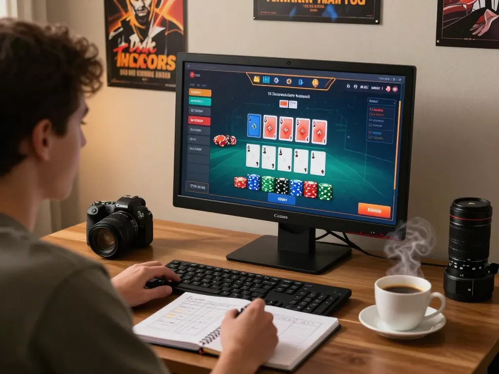 Player enjoying live blackjack on nk88 while analyzing betting strategies at a cozy home office.