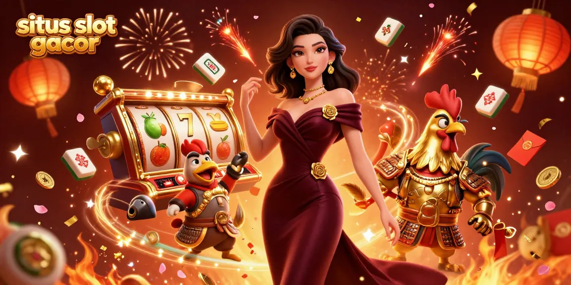 Engage with situs slot gacor, showcasing a glamorous woman alongside a golden rooster warrior amid dynamic slot games.
