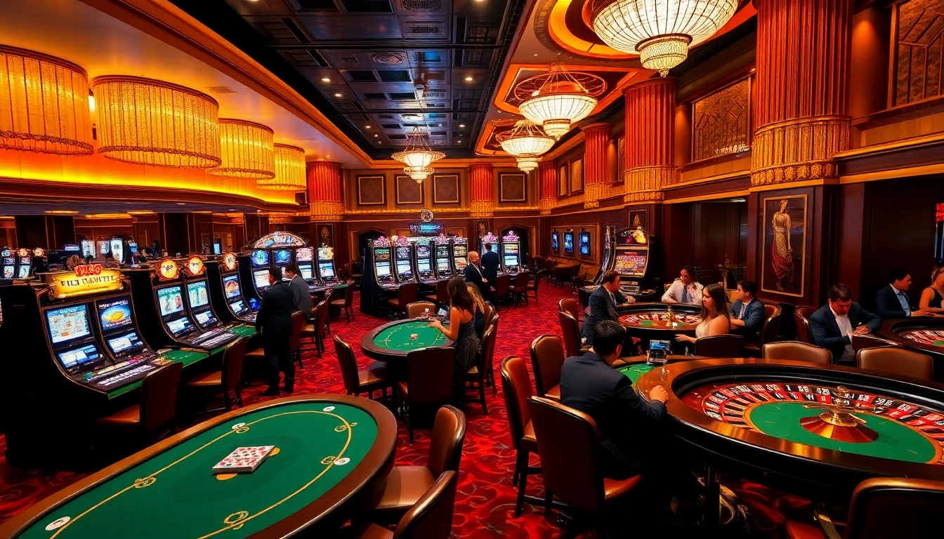 Exciting gaming experience at 68VIP casino with poker tables and vibrant slot machines.