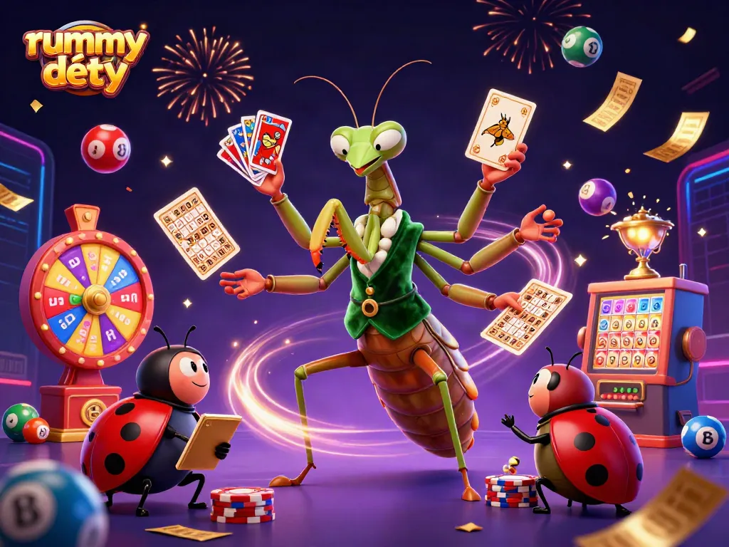 Gambaran karakter Rummy Deity dengan kartu, chip, dan suasana kasino yang semarak.