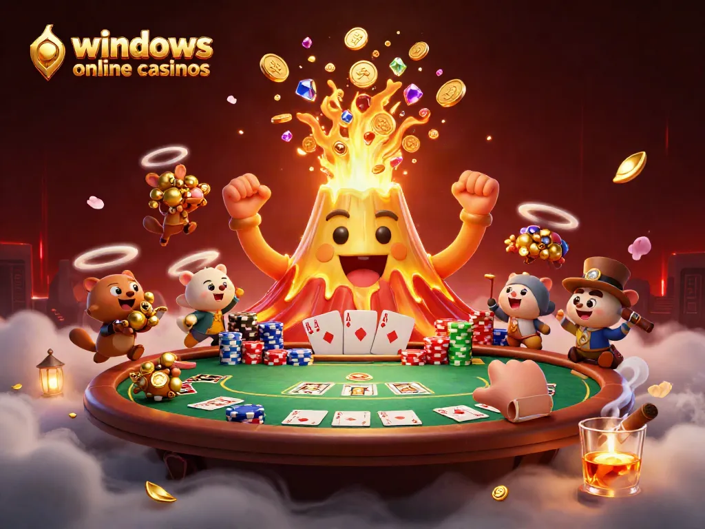 Immerse in the excitement of windows online casinos with a vibrant 3D volcano erupting treasures and gaming elements.