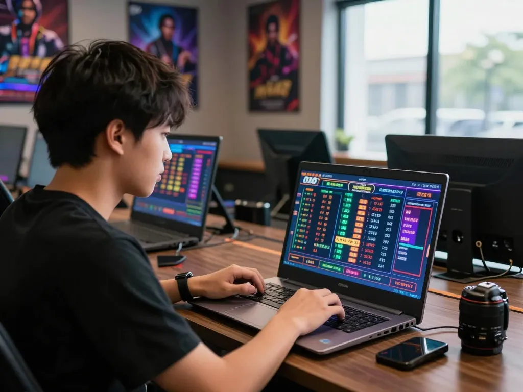 Engaged young adult betting on nk88's live casino in vibrant gaming lounge.