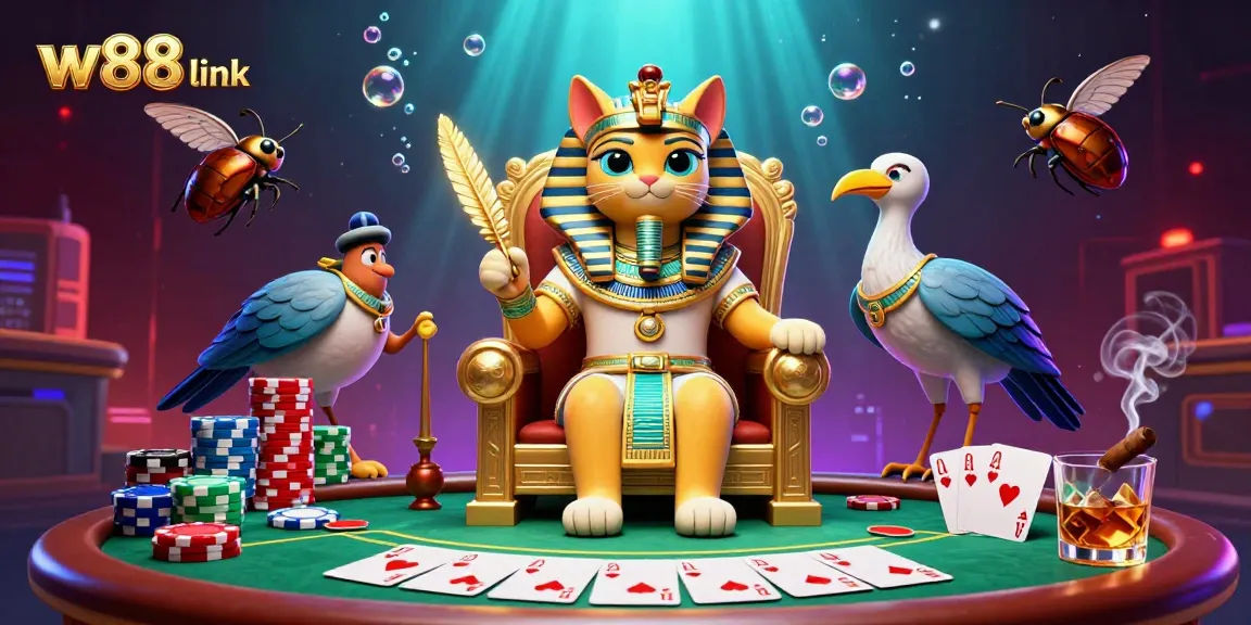Engage with the w88 link in a vibrant illustration featuring Egyptian-themed casino elements including poker chips and cards.