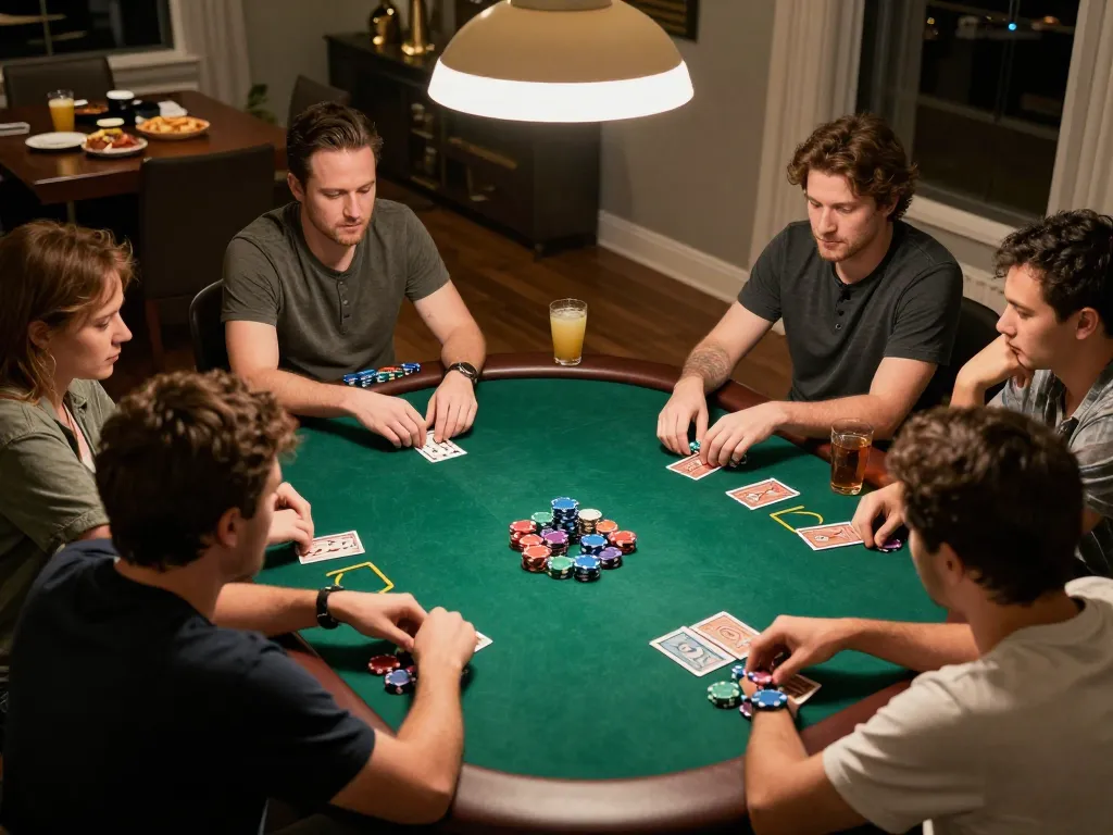 Players enjoying a strategic poker game at home on okfun, revealing cards and placing bets.