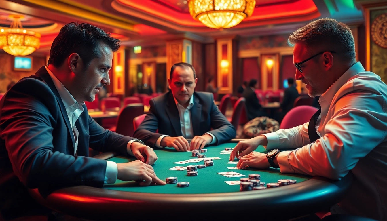 Spieler bei casinospielen.de konzentriert am Pokertisch, umgeben von glamourösem Casino-Ambiente.