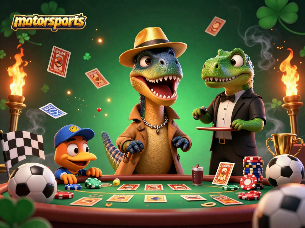 Engage in thrilling motorsports betting with a dynamic scene of colorful characters and lively elements.