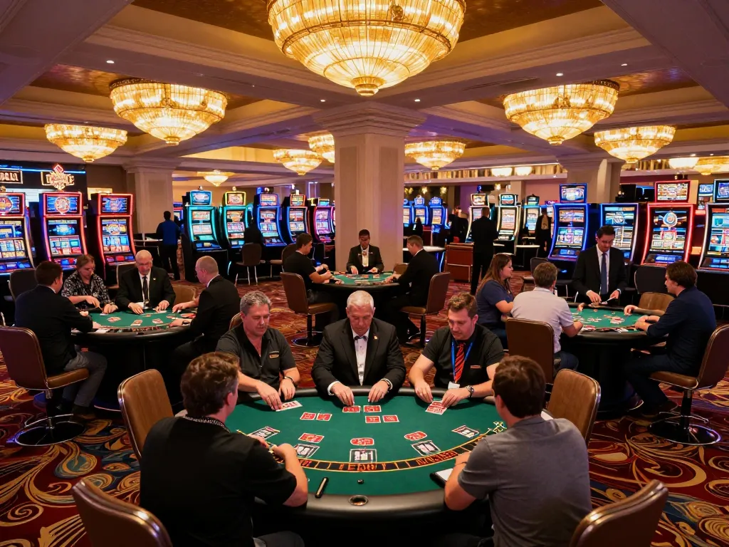 Players engaging in blackjack strategies at the vibrant casinosscope, illuminated by chandeliers.