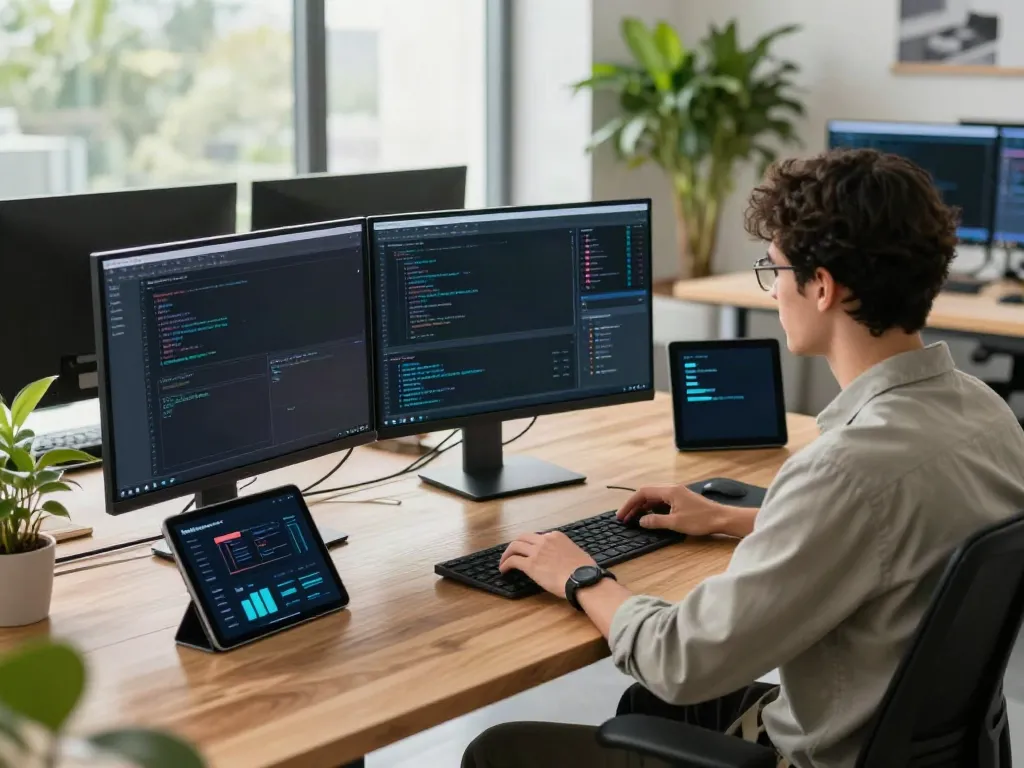 A developer using the A80 information platform in a modern tech workspace with multiple monitors and natural light.