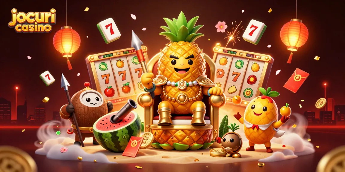 Joacă jocuri casino captivante cu regele ananas și personaje amuzante pe o plajă vibrantă.