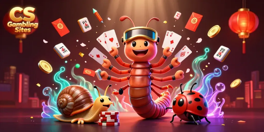 Engage with CS Gambling Sites while a millipede dealer showcases playing cards and a snail high-roller stacks chips.