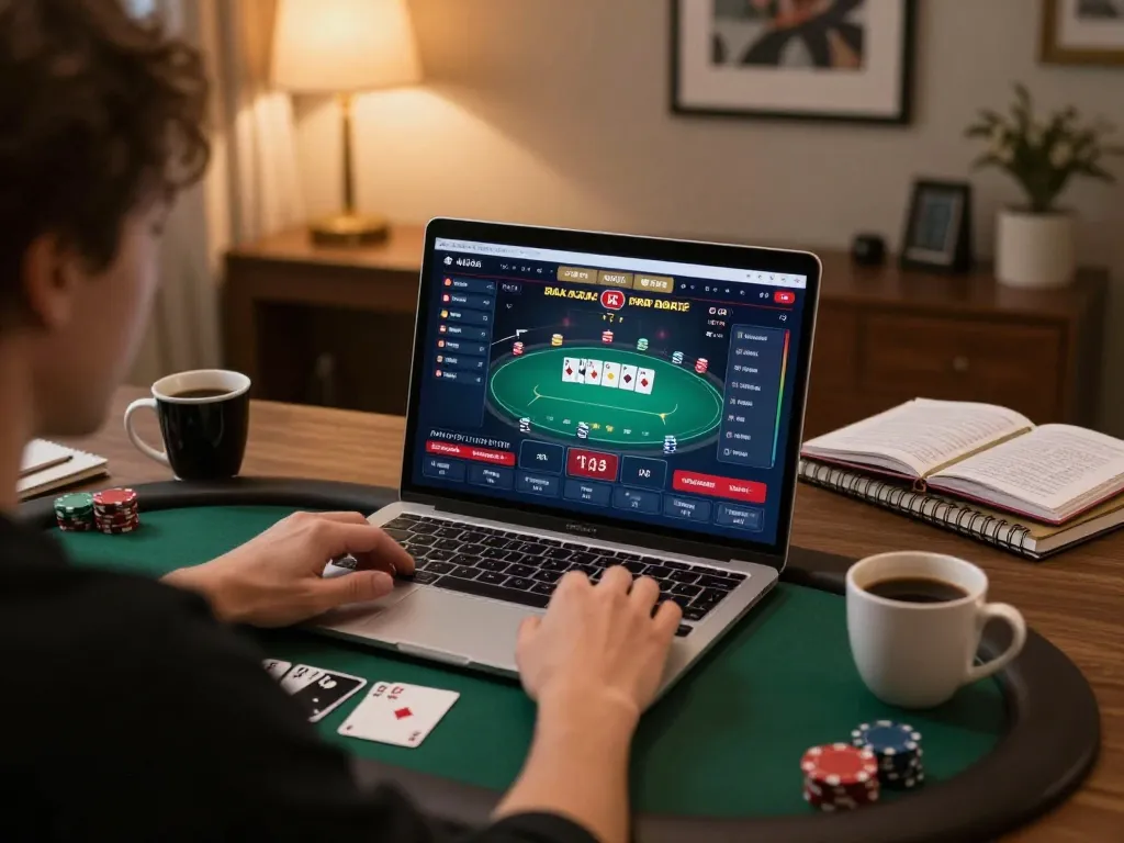Engaging poker gameplay on https://dola88vn.com/ with user strategizing in stylish home setup.