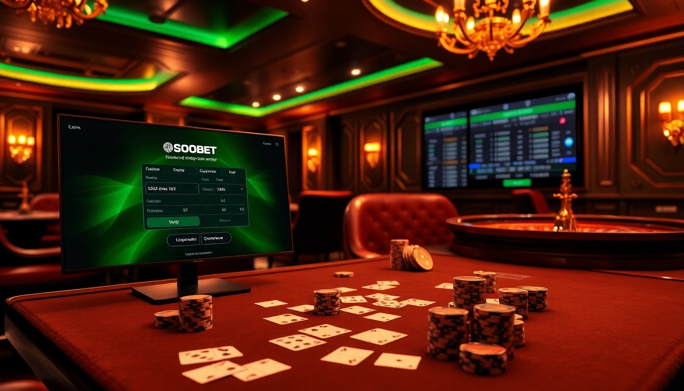 Sbobet login Indonesia displayed on a luxurious casino interface with poker chips and odds on screen.