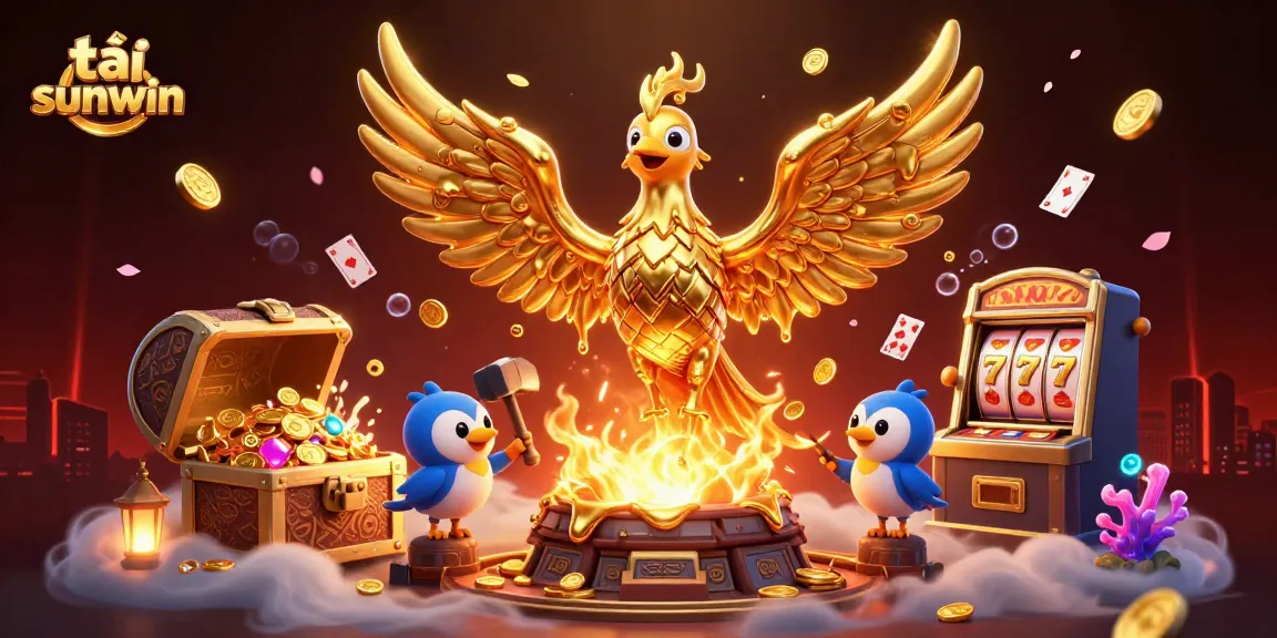 Play and win with tải sunwin, featuring a molten golden phoenix and dynamic casino elements in vibrant 3D.