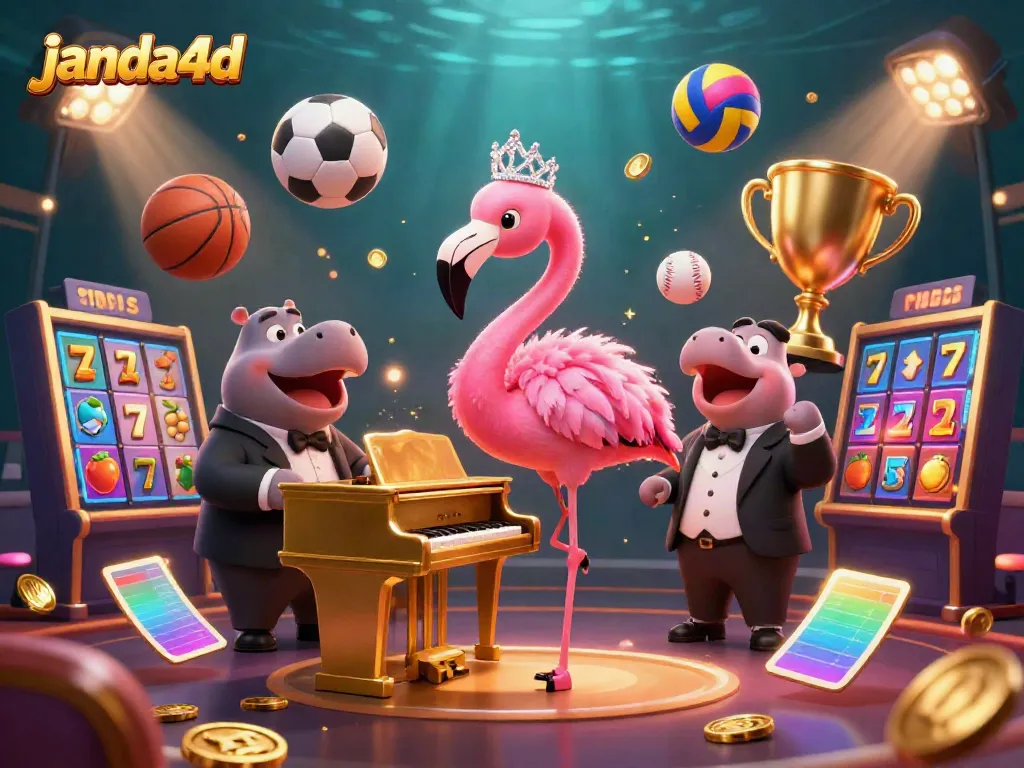 Gambarkan pengalaman bermain di JANDA4D dengan suara merdu flamingo di piano emas, berkelap-kelip dan simbol slot.