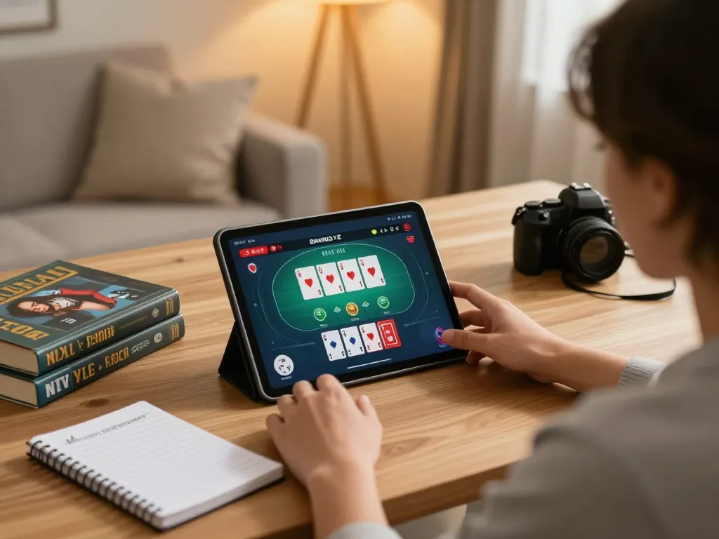 Engaged player enjoying TD88 online poker game on tablet, surrounded by strategy materials in warm home office.