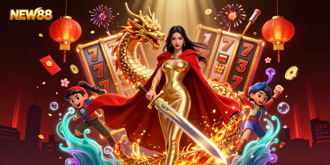 NEW88 offers an exciting atmosphere with vibrant golden dragon elements and slot machines, illuminating the gaming action.