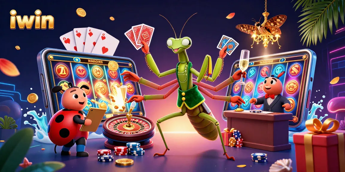 Experience iwin's vibrant casino atmosphere with a giant mantis dealer and dynamic games.