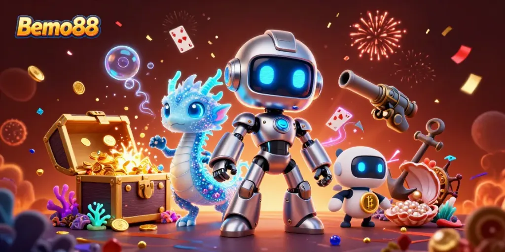Bemo88 showcases a vibrant casino scene with a cyberpunk robot and a holographic dragon, surrounded by gold coins and treasure.