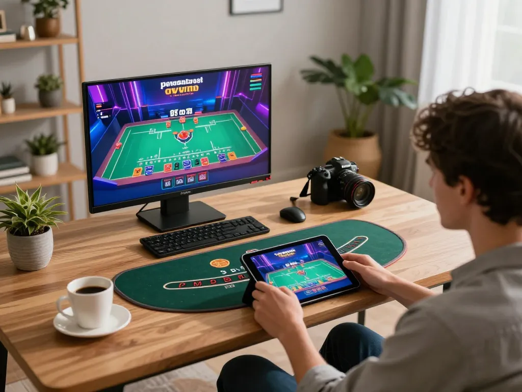 Engaging in online blackjack through casinoatlas on a tablet with strategic gameplay in a cozy home setting