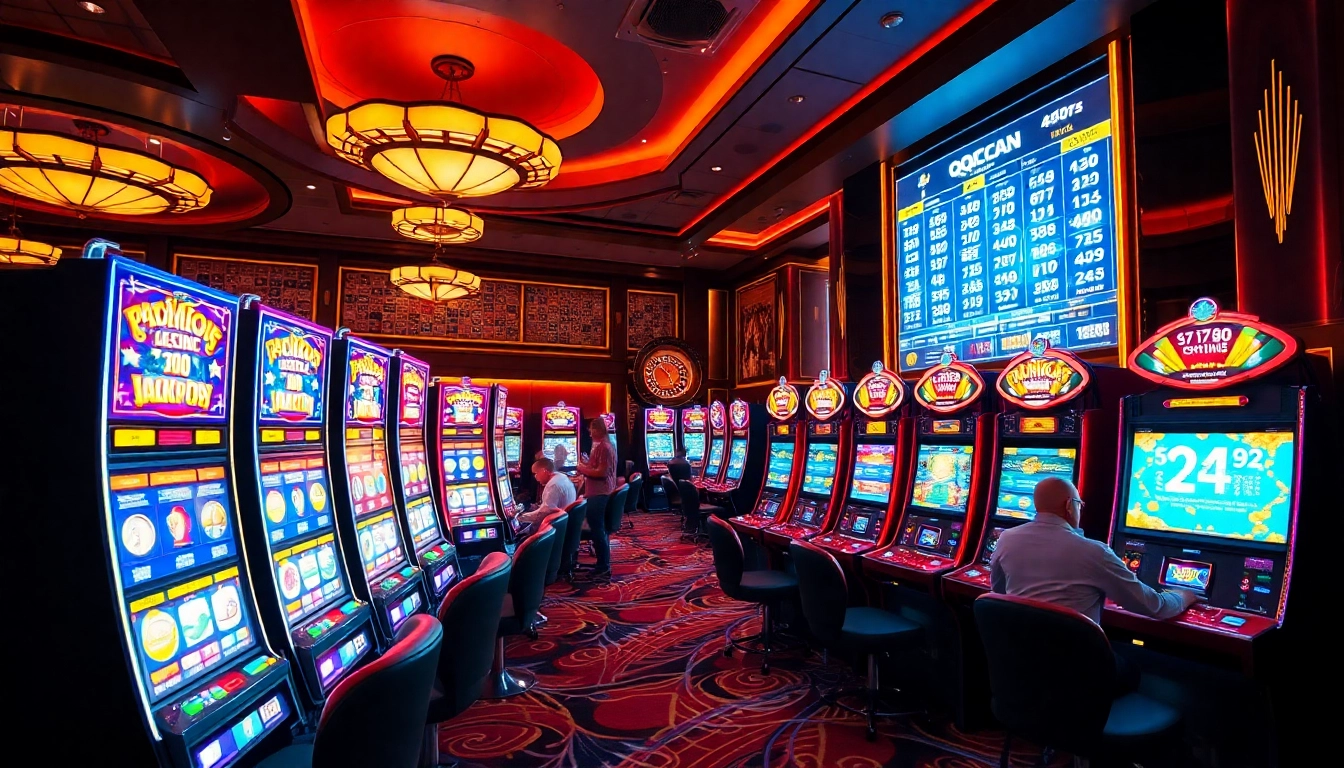 Players enjoying vibrant slot machines at QQMACAN, celebrating big wins and excitement.