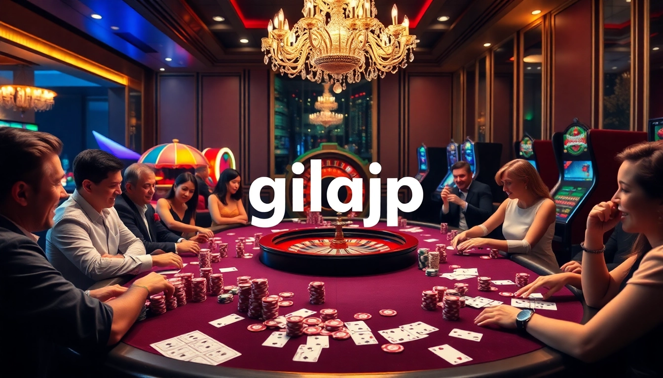 Experience the thrill of gambling at a lavish poker table showcasing gilajp's vibrant atmosphere with colorful chips and cards.