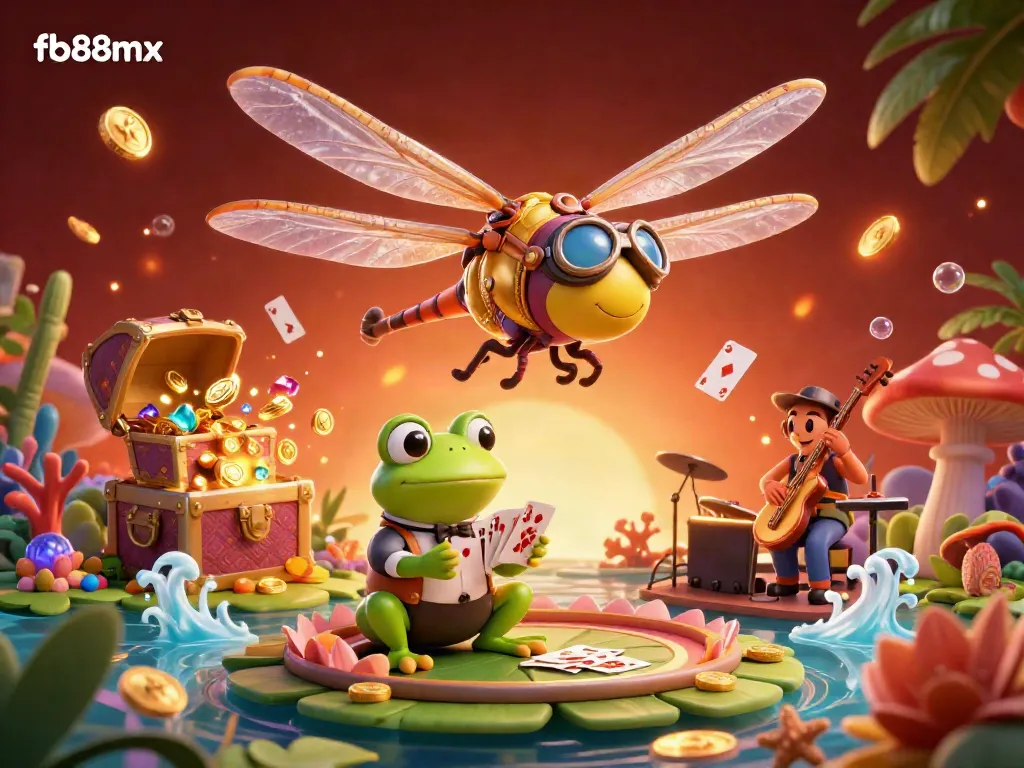 Engage in thrilling gaming at fb88mx with a vibrant 3D casino scene featuring a dragonfly pilot and frog croupier.