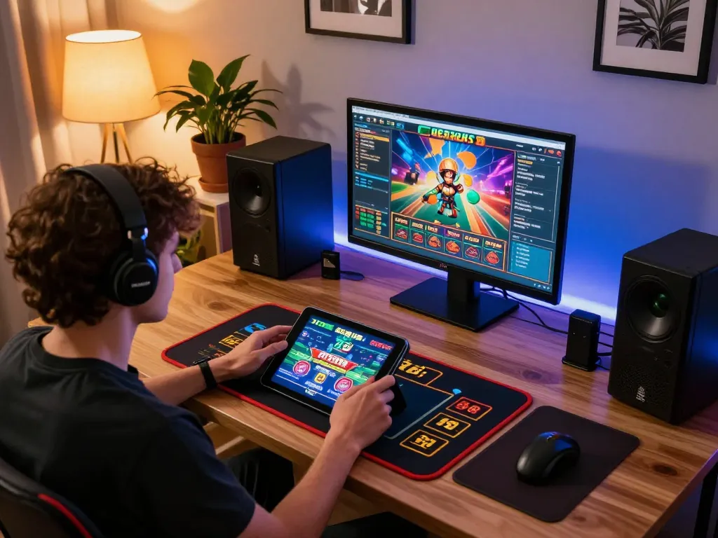 Engaged player exploring ZX88 online casino on tablet amid a cozy gaming setup.