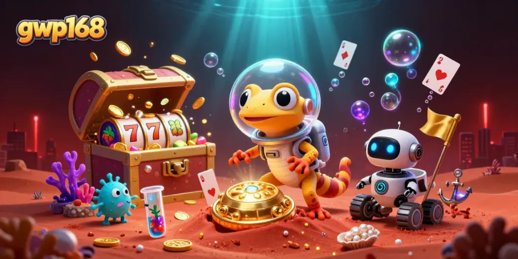 GWP168: Gecko Mars beraksi di kasino emas dengan gulungan slot dan simbol keberuntungan
