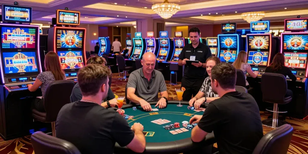 Exciting Lucky777 casino gaming scene with players at slot machines and vibrant lights.