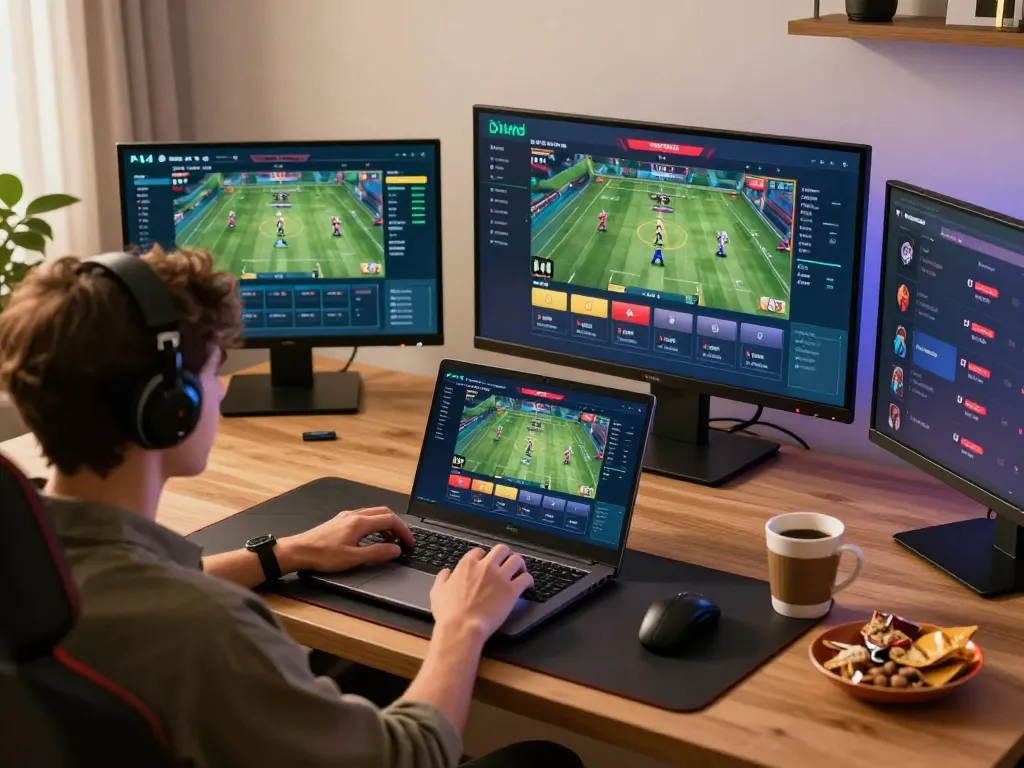 Engaging in sports betting on gg88 with a modern home office setup and multiple screens.