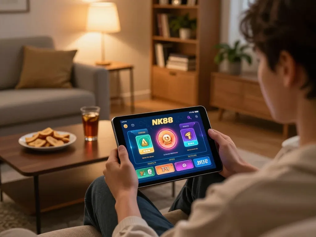 Engaging in online casino betting on NK88 with vibrant graphics in a cozy home setting