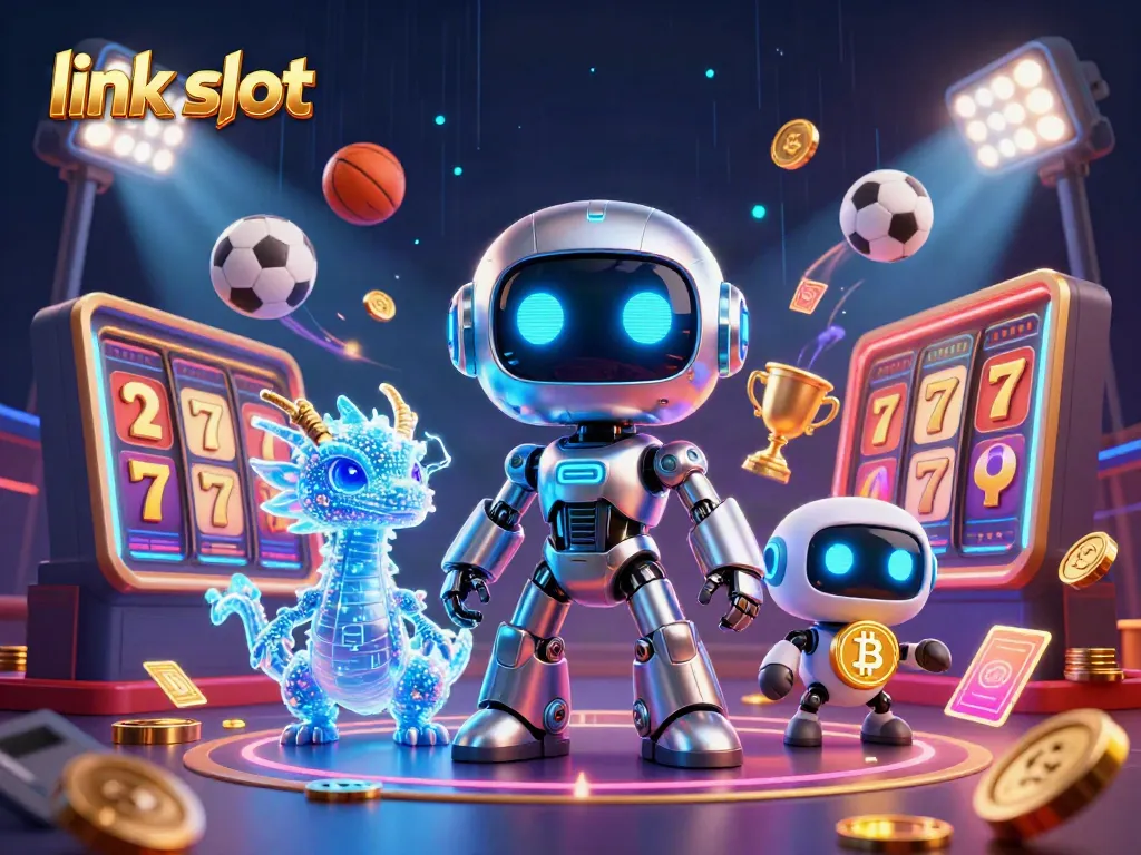 Permainan link slot yang menarik dengan slot reel dan karakter unik robot siberpunk di latar belakang.