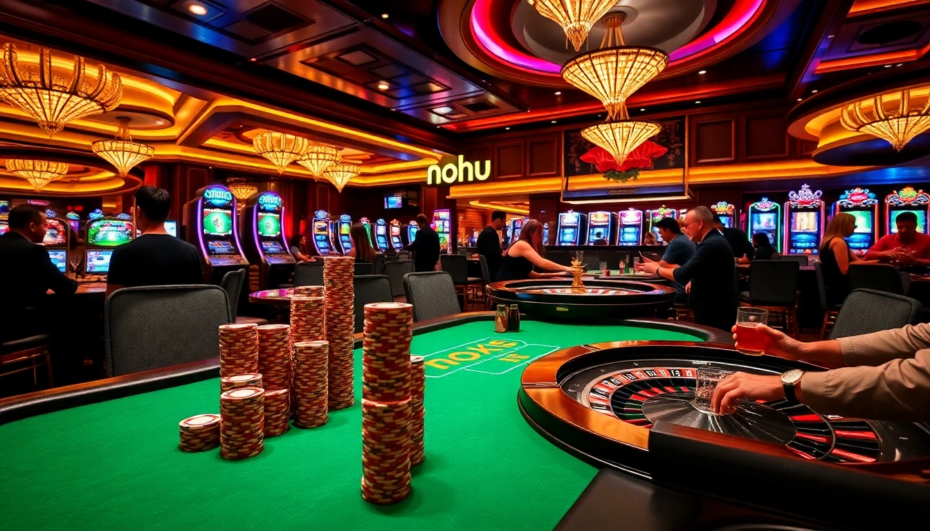 Engaged players at a nohu-themed upscale casino with vibrant poker chips and lively roulette wheels.