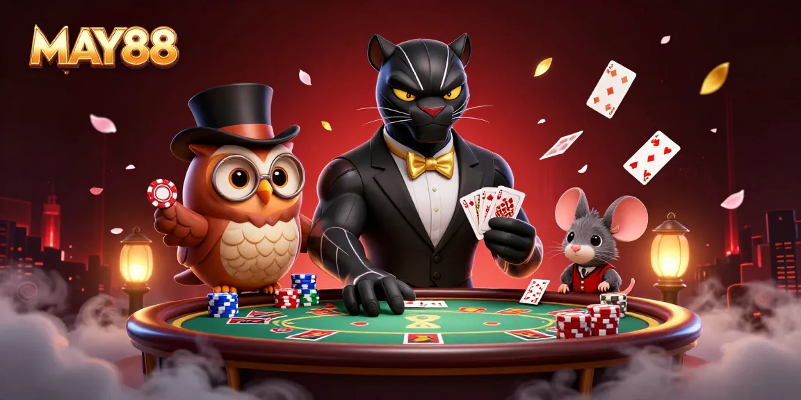 Play exciting games at MAY88 with a stylish panther dealer, owl, and lucky mouse surrounded by poker elements.