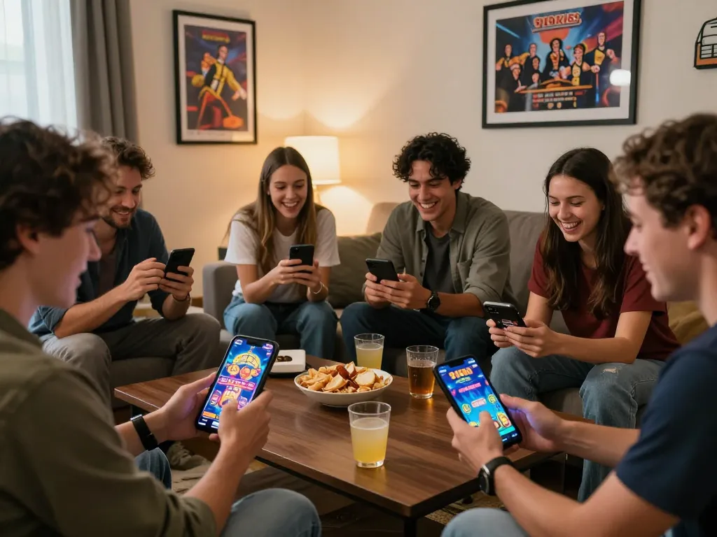 Friends enjoying free credit 918kiss games on mobile devices in a cozy living room.