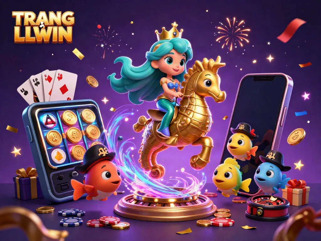 Experience TRANG CHỦ LLWIN through this vibrant 3D digital illustrate featuring immersive gaming elements and enchanting characters.