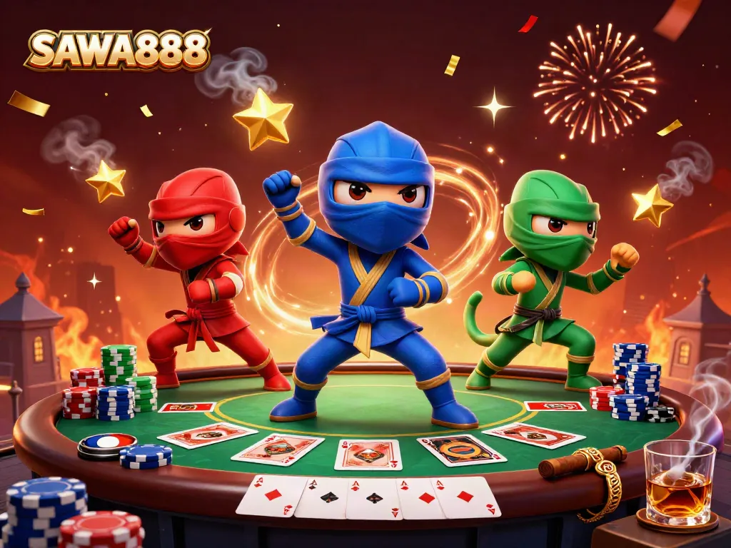 SAWA888 chameleons showcase synchronized martial arts on a casino rooftop with poker elements.