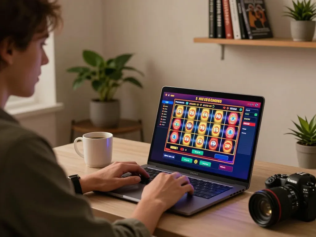 Player engaging with HM88 online casino slot game on a laptop in a cozy home setting.