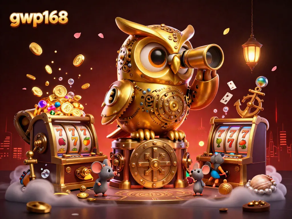 Menang dengan gwp168: Burung hantu emas yang kuat mengawasi kasino penuh slot menarik.