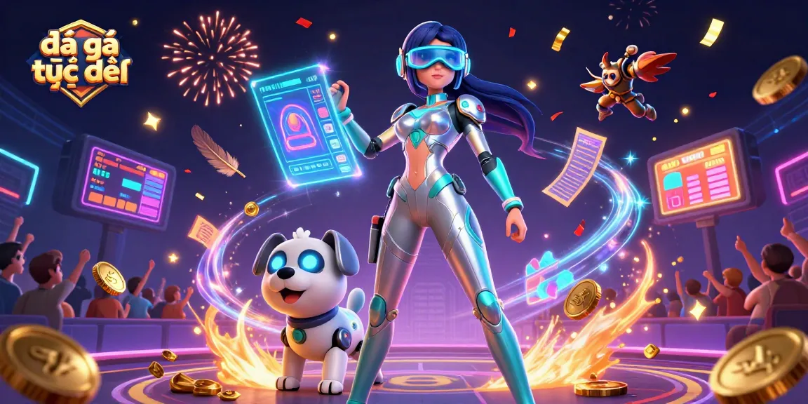Experience the thrill of đá gà trực tiếp with a dynamic scene featuring a woman in a futuristic suit and a robot dog surrounded by elements from the fighting arena.