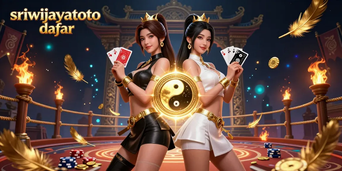 Sriwijayatoto daftar, twin Asian women holding playing cards with a vibrant casino backdrop illustrating energy and excitement.