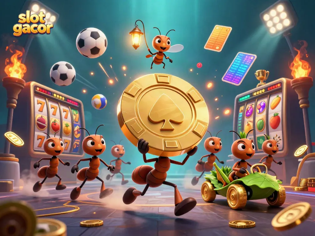 Engaging 3D illustration of ants executing a gaming heist themed around slot gacor, showcasing dynamic casino elements.