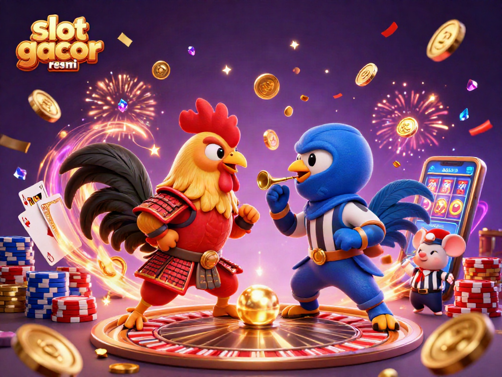 Experience the excitement of slot gacor resmi with a dramatic rooster showdown among golden coins and casino elements.