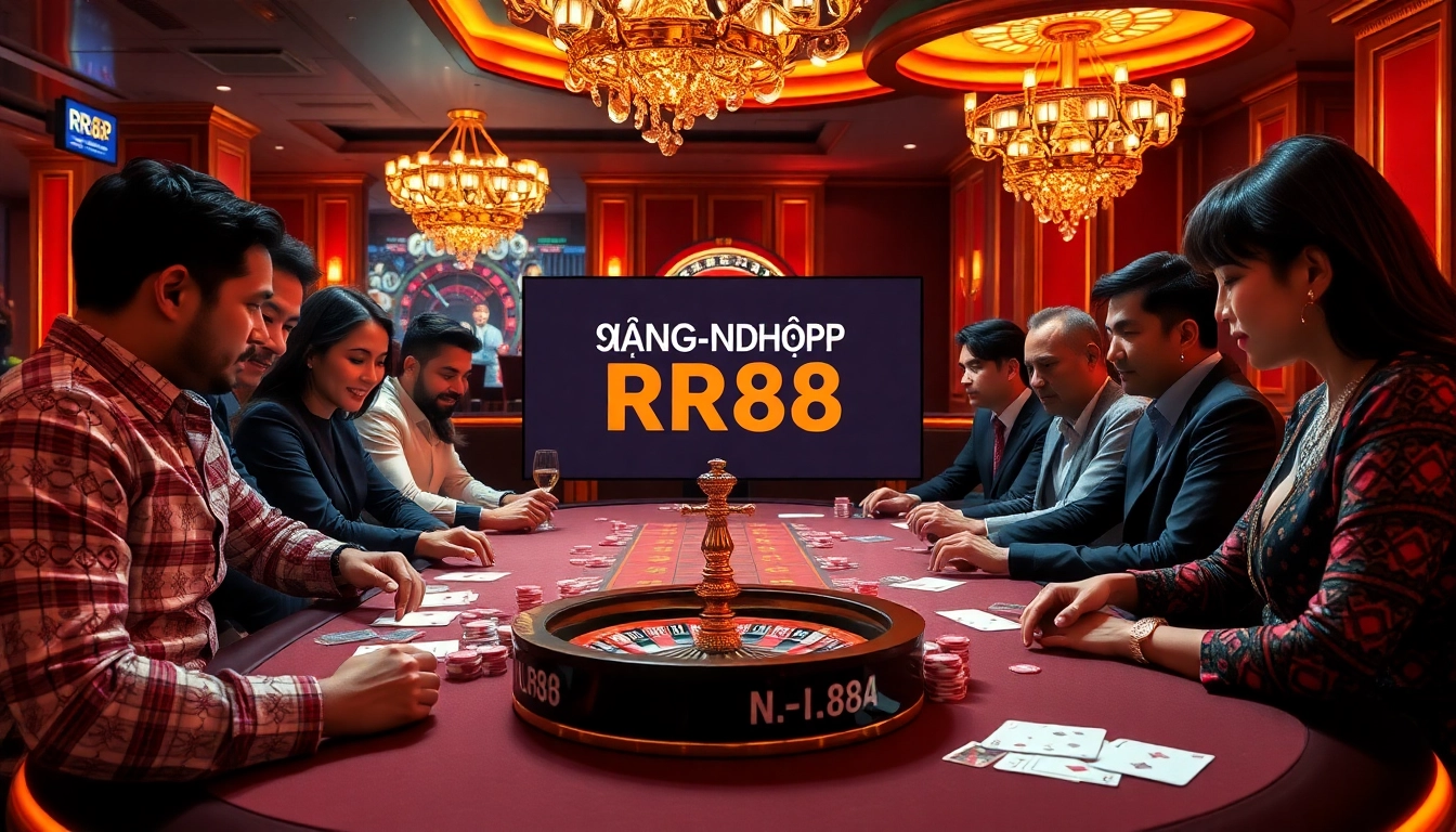 Experience the excitement of ĐĂNG NHẬP RR88 with vibrant casino tables and gamers enjoying poker.
