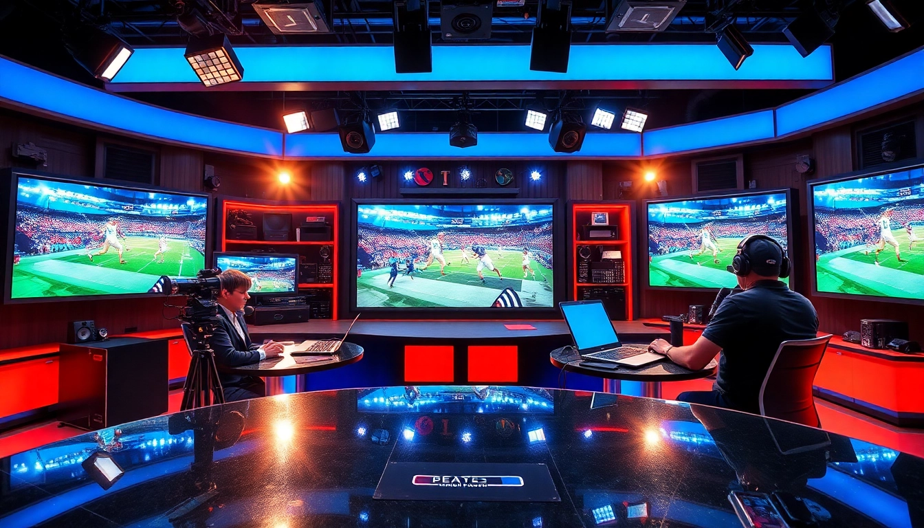 Engaging scene of sports broadcasting, with commentators animatedly discussing live events.