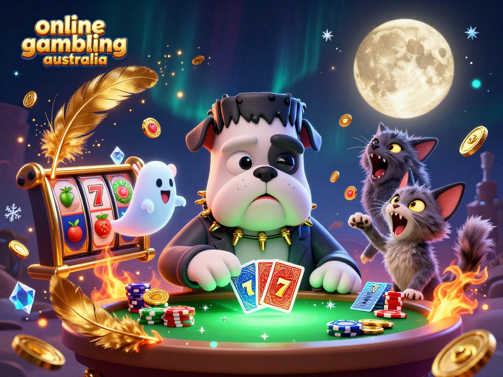 Experience online gambling Australia with a vibrant 3D illustration of a Frankenstein bulldog dealing cards.